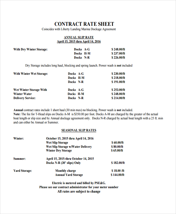 contractor rate sheet template