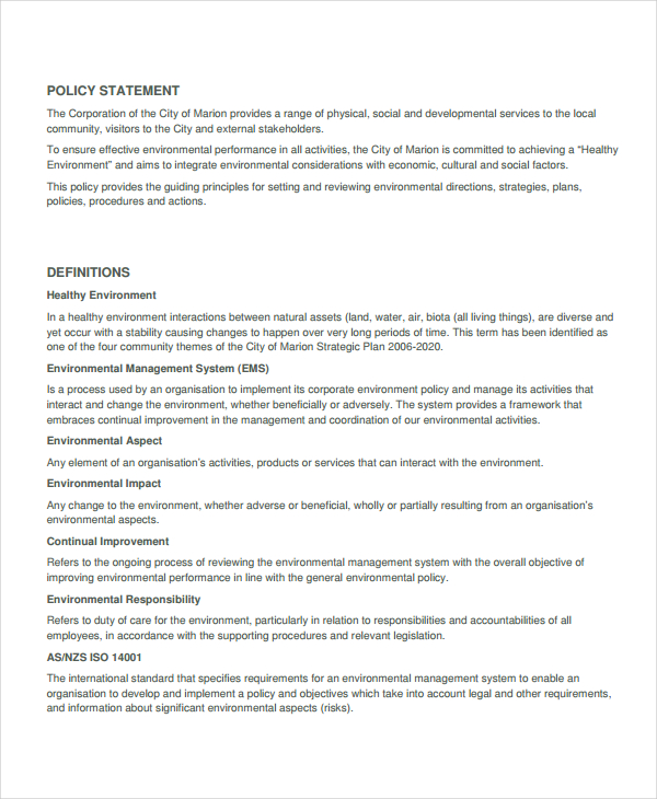 8  Environmental Policy Templates in MS Word Apple Pages Google Docs