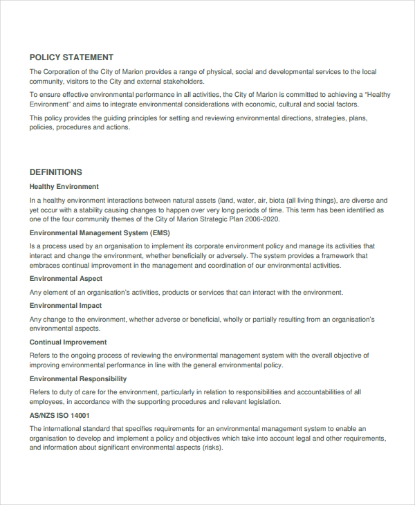 8 Environmental Policy Templates In MS Word Apple Pages Google Docs