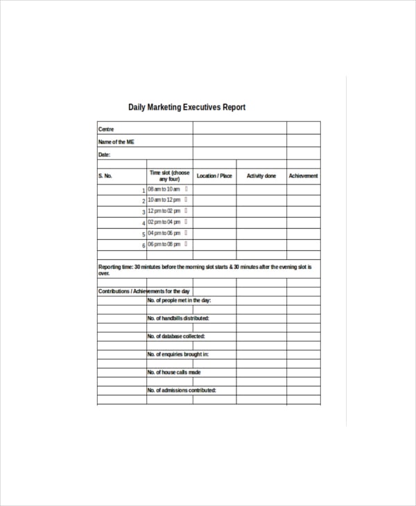 sample daily marketing executives report template