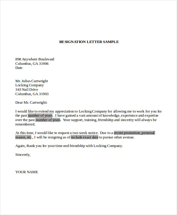 Resignation Letter For Restaurant Manager Sample