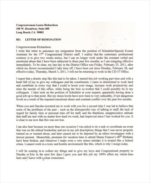 immediate resignation letter template