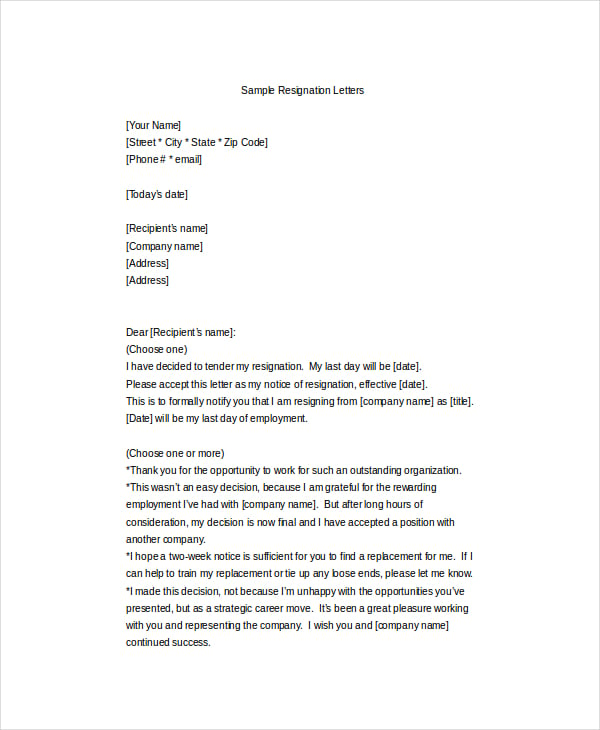 editable notice resignation letter template