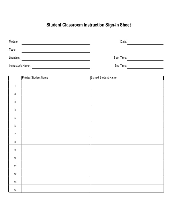student classroom instruction sign in sheet