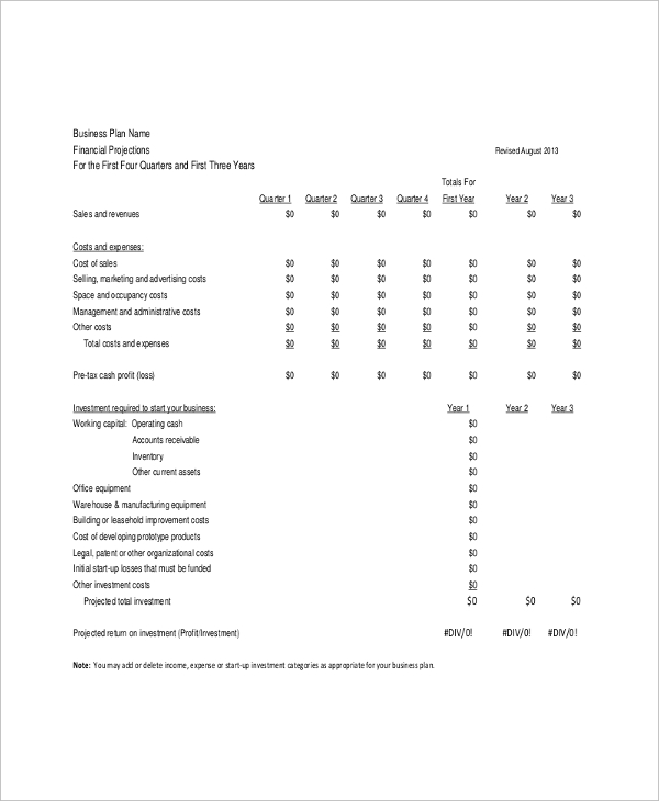 financial projection template instructions