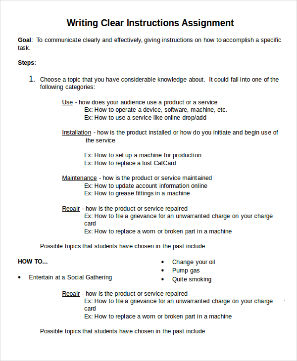 instruction for an assignment