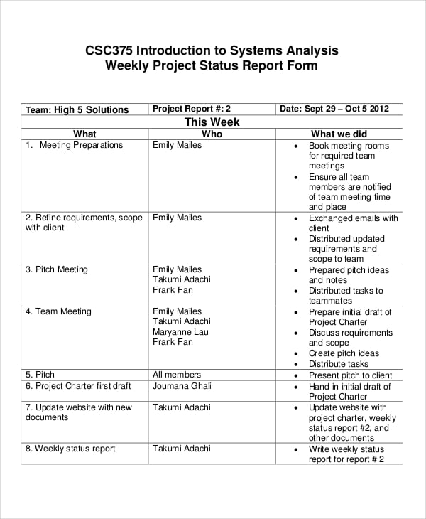 weekly project update report template