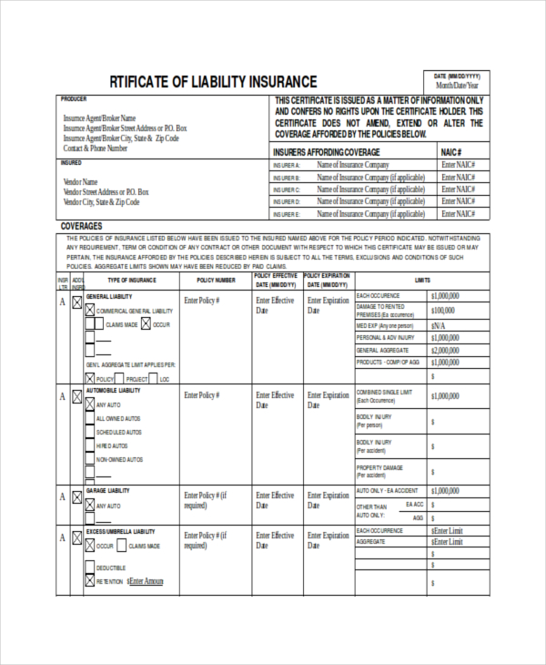 Certificate Of Liability Insurance Form Template