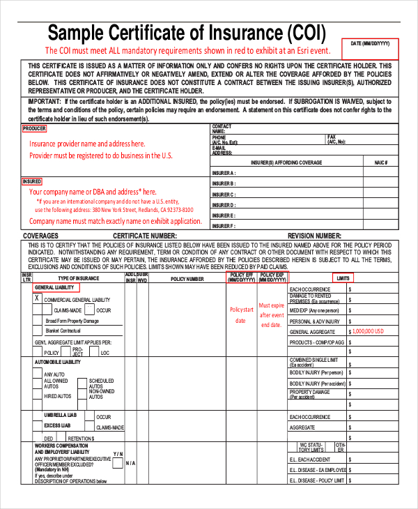 insurance certificate Insurance certificate sample template form acord