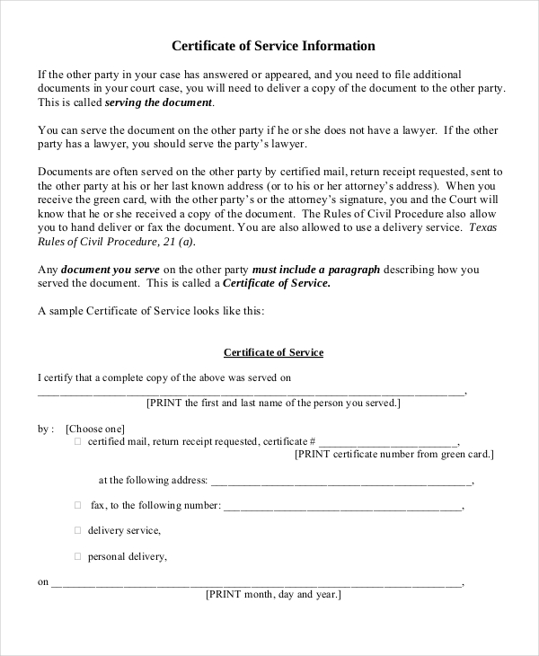 certificate of service template