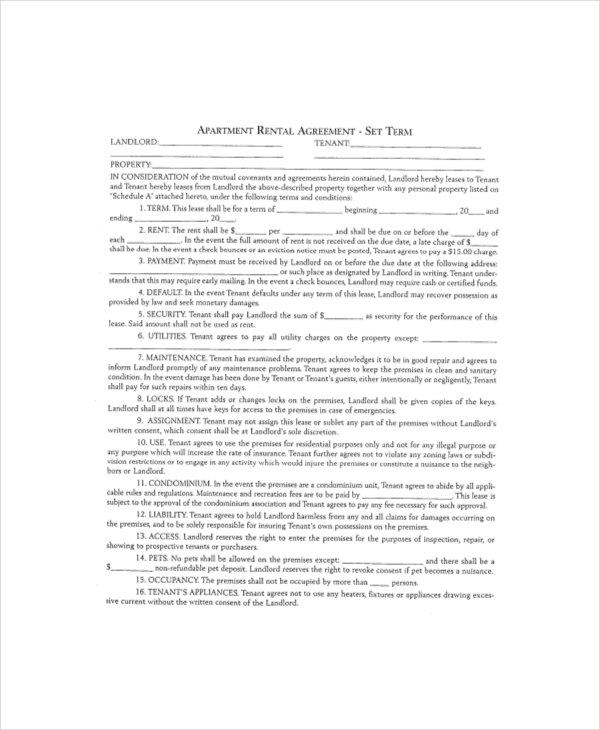 apartment rental agreement template