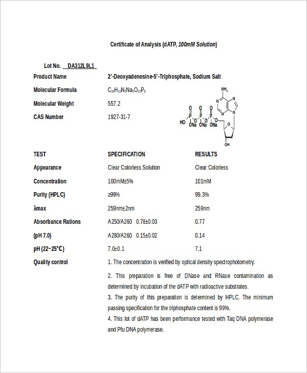 chemical certificate of analysis template