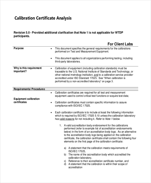 calibration certificate analysis template