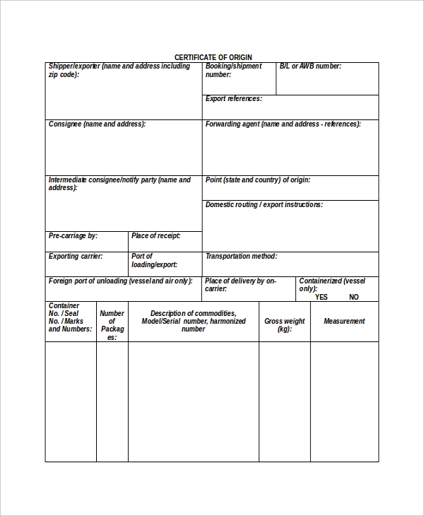 Certificate Of Origin Template Excel