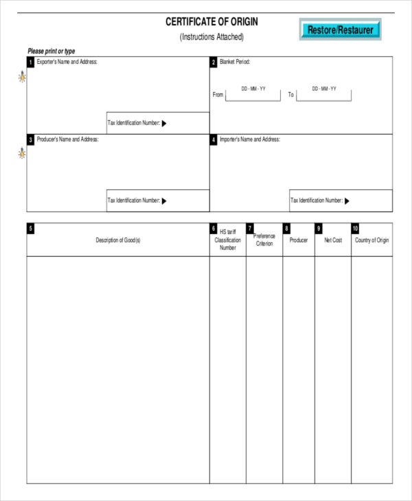 Certificate of origin template