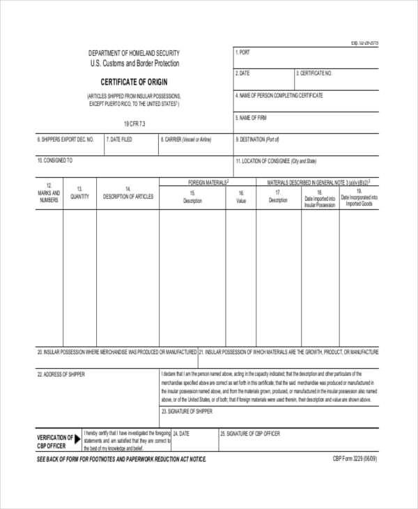 certificate of origin template for cargo logistics