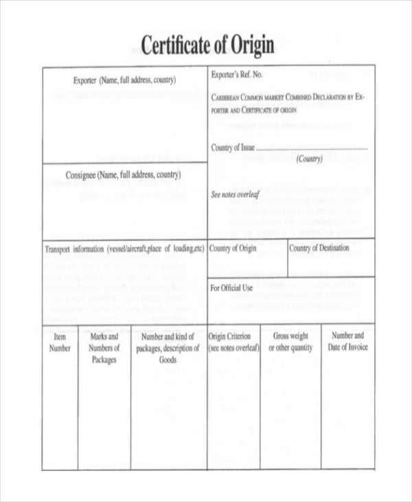caricom certificate of origin template