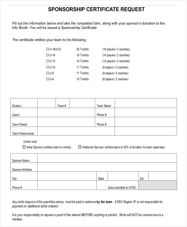 team sponsorship certificate request form