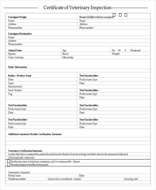 printable certificate of veterinary inspection