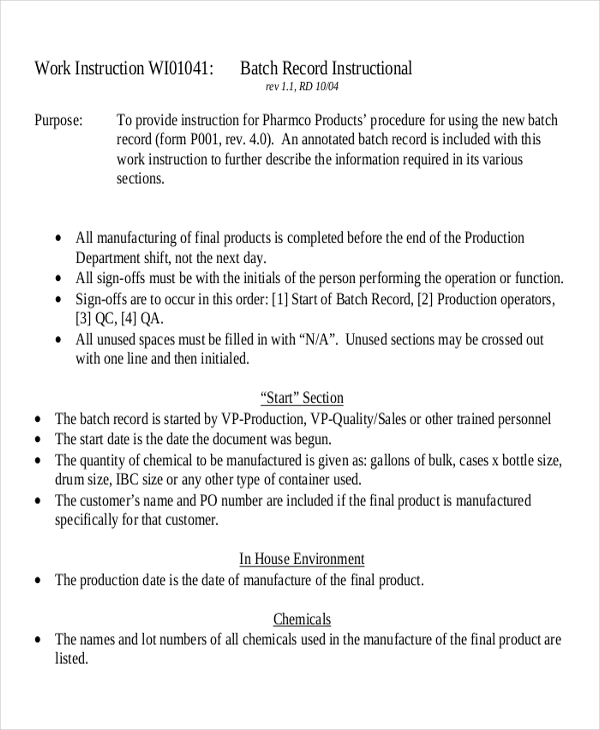 pharmco products work instructions template