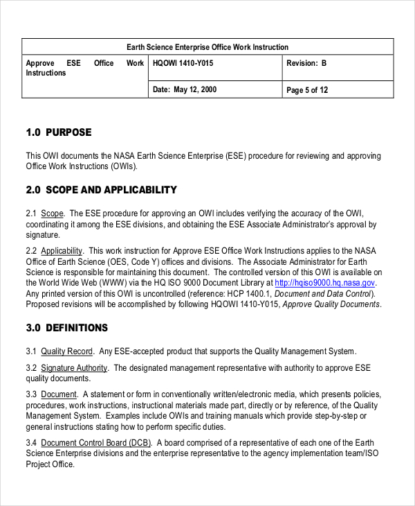 earth science enterprise office work instruction template