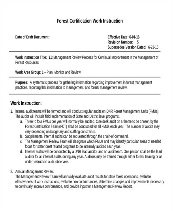forest certification work instruction template