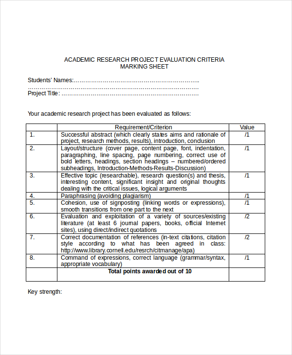 academic research project evaluation template