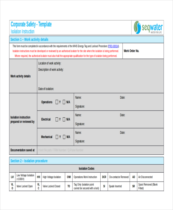 isolation work instruction template