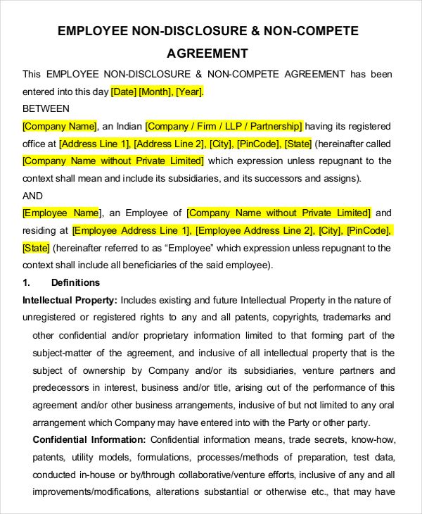 employee non disclosure non compete agreement