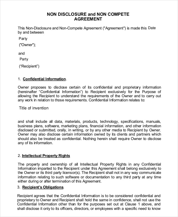 9  Contractor Non Compete Agreement Templates Free Sample Example
