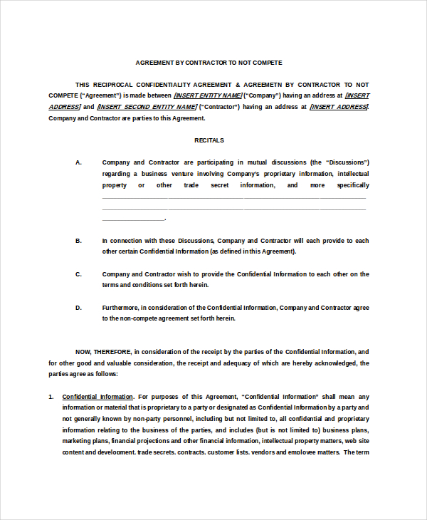 9+ Contractor Non-Compete Agreement Templates - Free Sample, Example