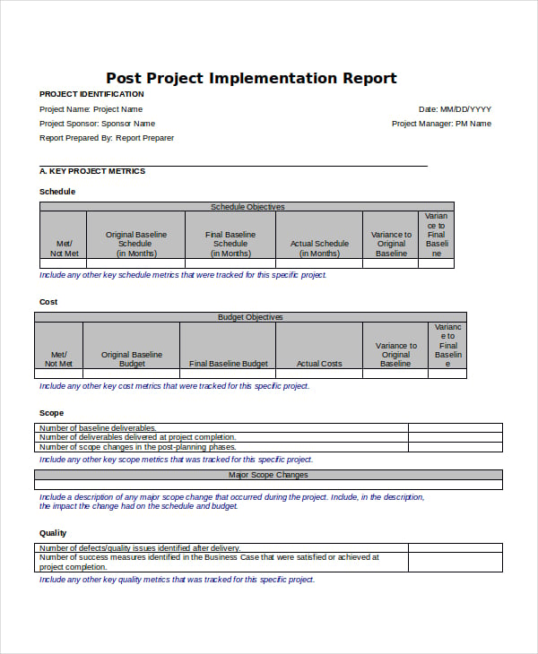 post project implementation template