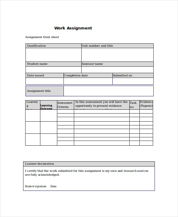 assignment project sheet