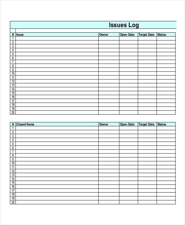 issue log template