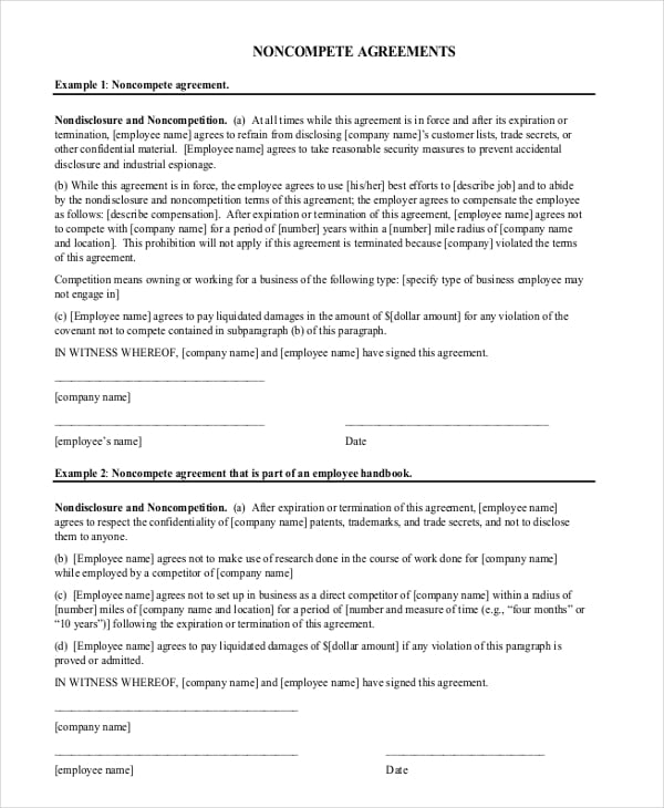 Sample Non Compete Agreement Template DocTemplates