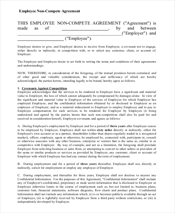 blank form of non compete agreement