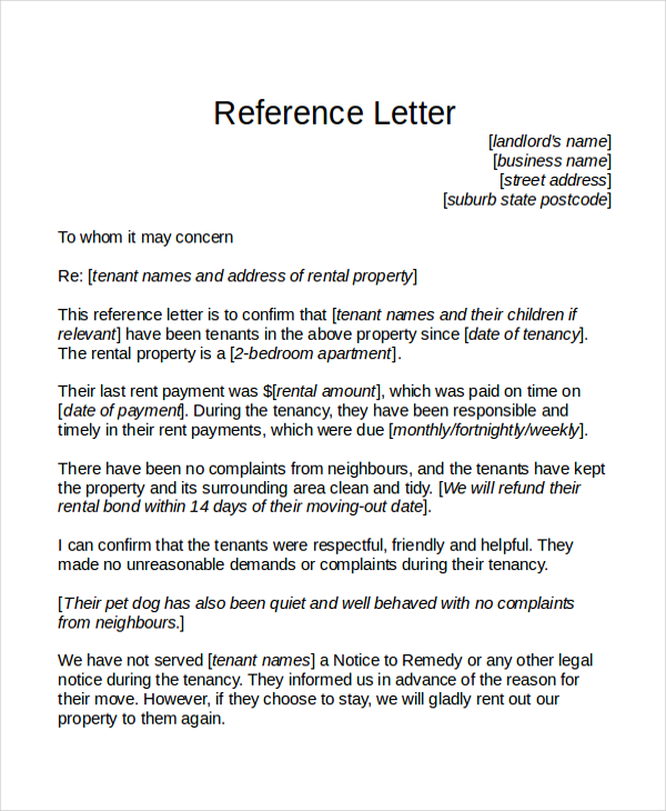 Tenant Reference Letter Template