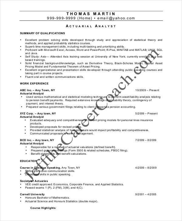 Actuarial Resume Template - 5+ Free Word, PDF Documents Download