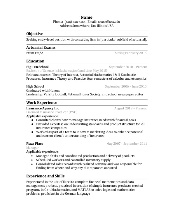 actuarial resume entry level