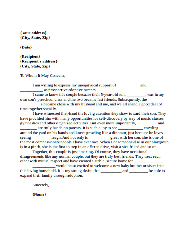 character reference letter for adoptive parents