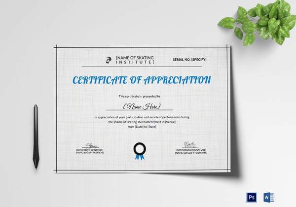 appreciation certificate of skating template