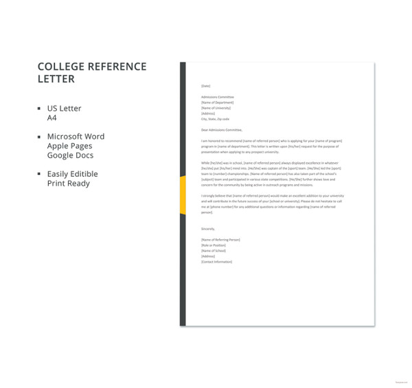 free college reference letter template