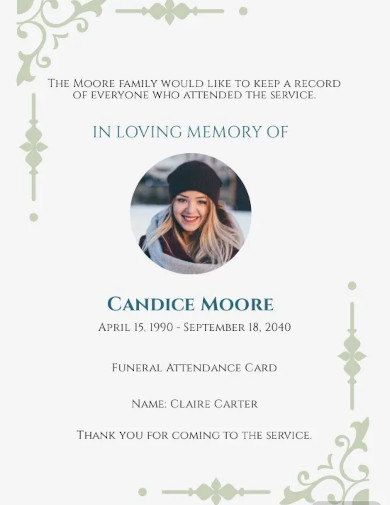 funeral attendance thank you card template