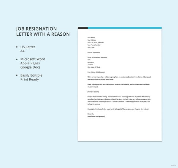 job resignation letter with a reason template