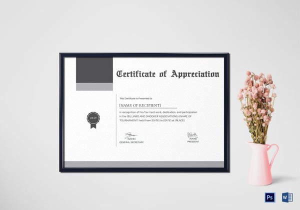 snooker appreciation certificate word template