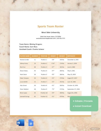 sports roster template