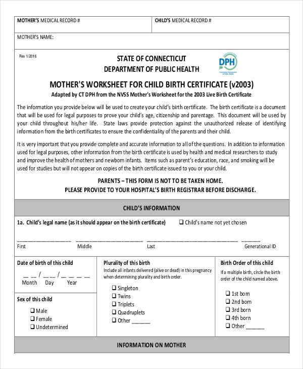 mother worksheet for baby birth certificate