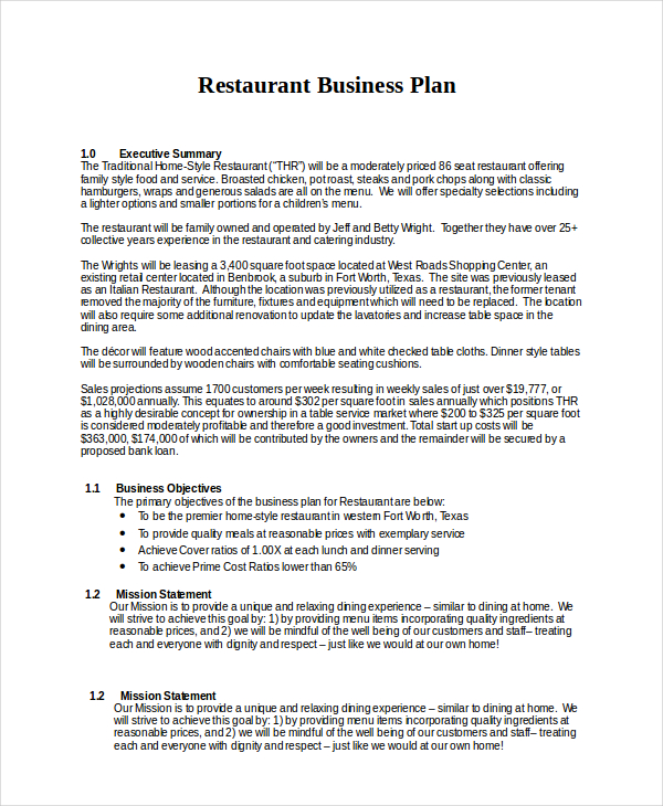 pricing strategy restaurant business plan