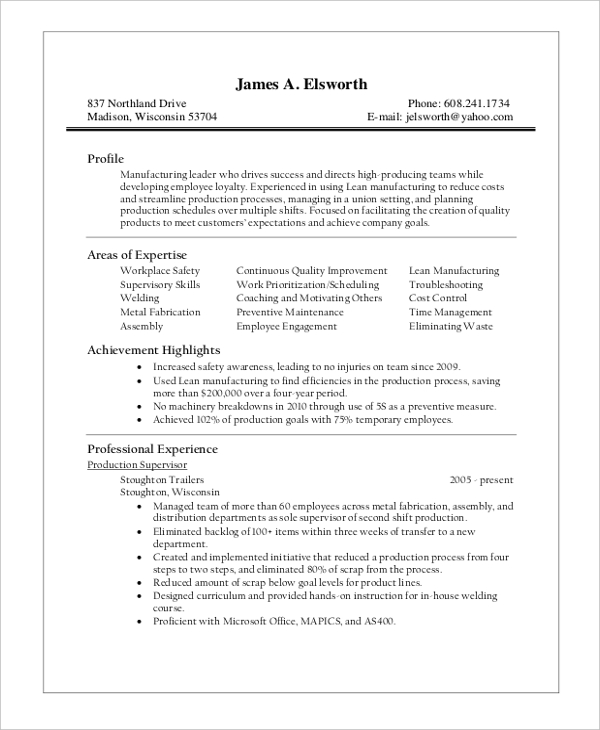 Manufacture supervisor resume