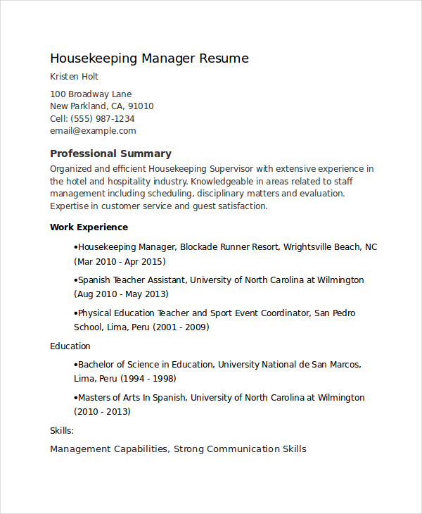 housekeeping supervisor resume